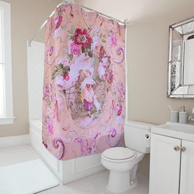 Antique Victorian Toile Rococo Style Floral Pink  Shower Curtain (In Situ)