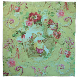 Antique Victorian Toile Rococo Style Sage Green Cloth Napkin