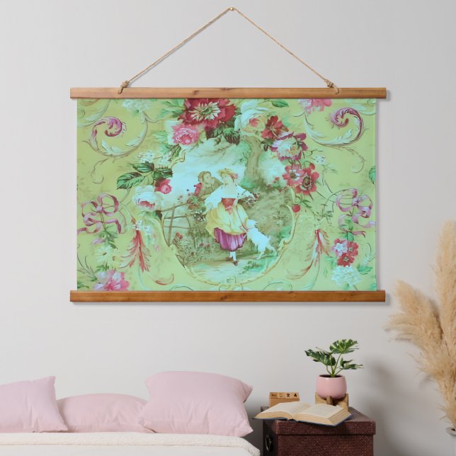Antique Victorian Toile Rococo Style Sage Green  Hanging Tapestry (Bedroom)