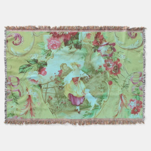 Antique Victorian Toile Rococo Style Sage Green Throw Blanket