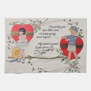 Antique Victorian Valentine Card Art Retro Child Kitchen Towel