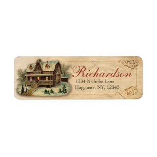 Antique Victorian Winter House Christmas Scene Label