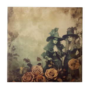 Antique Victorian Witch Sisters Sepia Ceramic Tile
