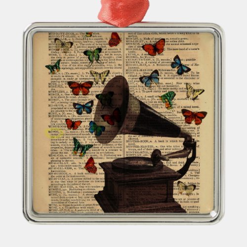 Antique Victrola Butterflies Dictionary Ornament