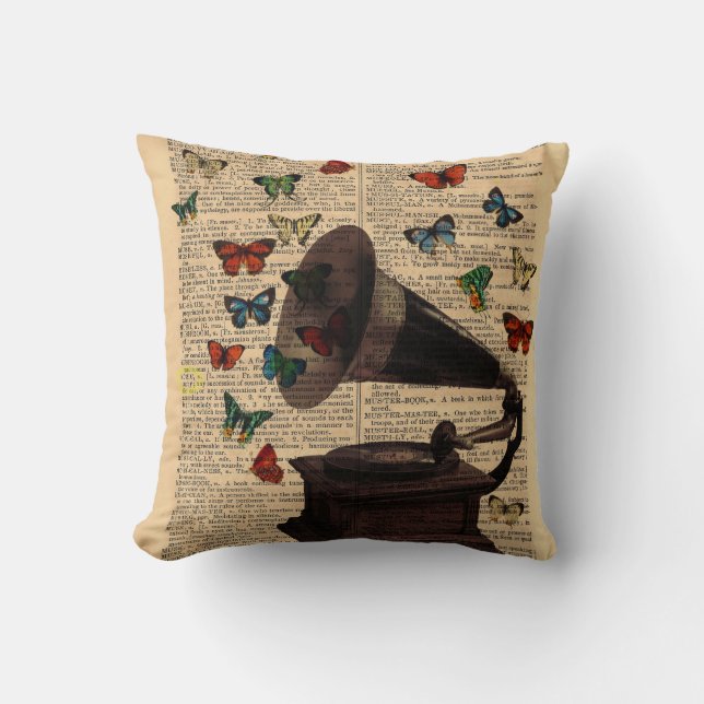 Antique Victrola Butterflies Dictionary Pillow (Front)