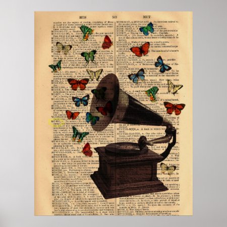 Antique Victrola Butterflies Dictionary Poster