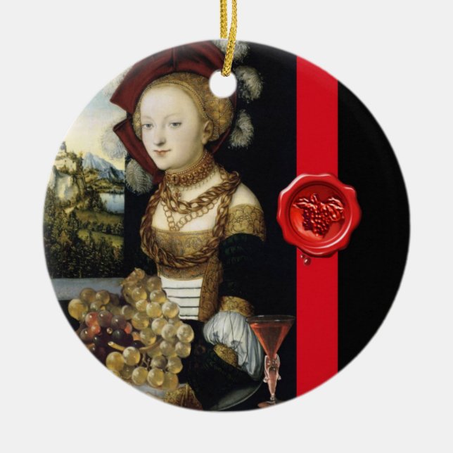 ANTIQUE VINEYARD GRAPES AND WINE ,RED WAX SEAL CERAMIC ORNAMENT (Front)