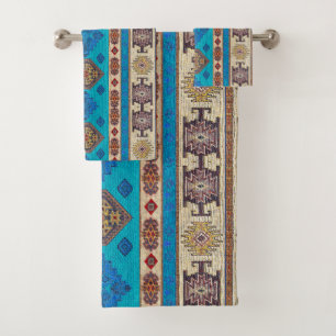 Antique Vintage Aqua Blue Pale Gold Kilim Turkish Bath Towel Set