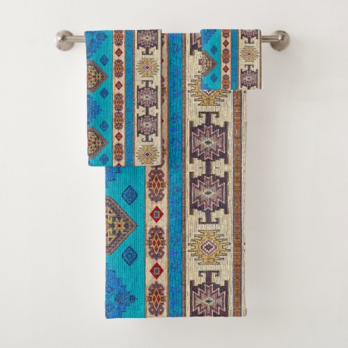 Antique Vintage Aqua Blue Pale Gold Kilim Turkish Bath Towel Set