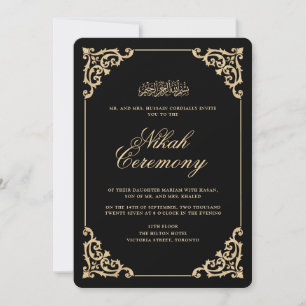 Antique Vintage Baroque Black Gold Nikah Ceremony Invitation