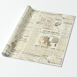 Antique Vintage Beige French Ads Ephemera  Wrapping Paper