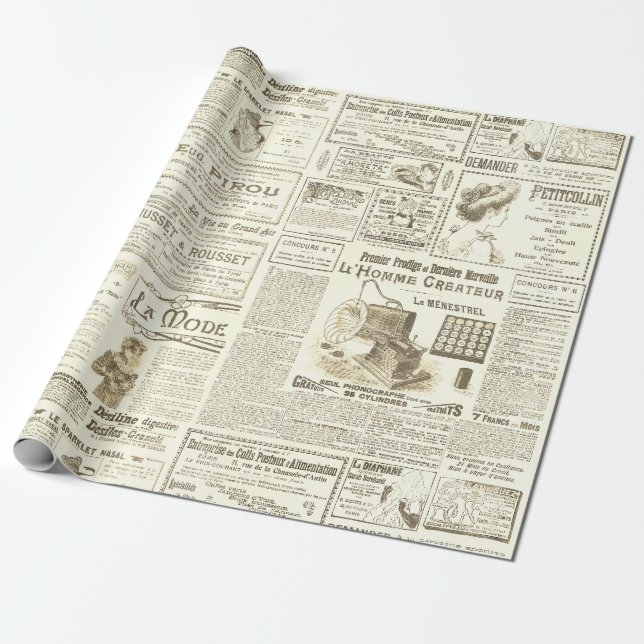 Antique Vintage Beige French Ads Ephemera  Wrapping Paper (Unrolled)