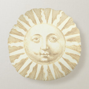 Antique Vintage Beige Gold Sun Face Round Pillow