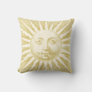 Antique Vintage Beige Gold Sun Face Throw Pillow