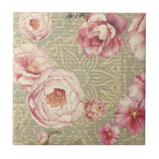 Antique Vintage Blossoms & Petals On Damask Paper Ceramic Tile