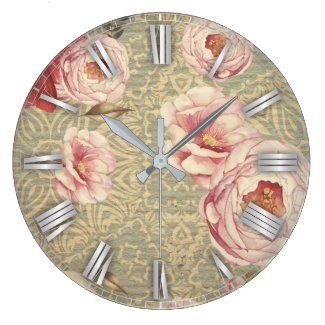 Antique Vintage Blossoms & Petals On Damask Paper Large Clock