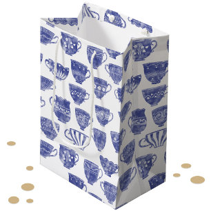 Antique Vintage Blue Teacup Watercolor Medium Gift Bag