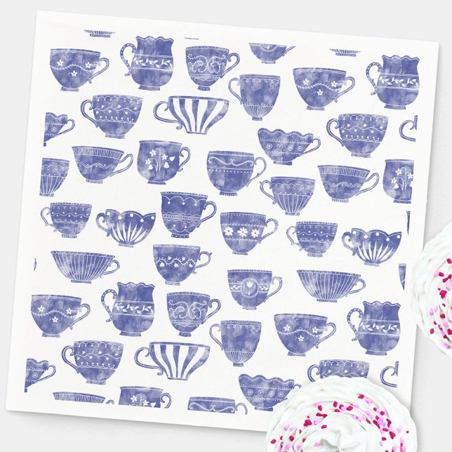 Antique Vintage Blue Teacup Watercolor Napkins (Antique vintage china teacup blue and white watercolor pattern afternoon tea themed party napkins)