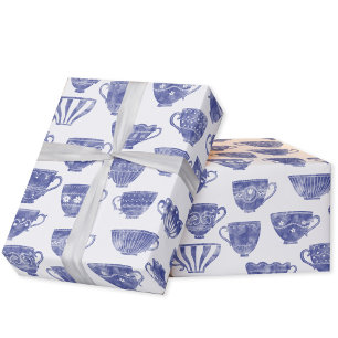 Antique Vintage Blue Teacup Watercolor Wrapping Paper