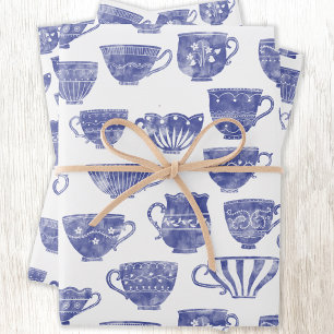 Antique Vintage Blue Teacup Watercolor Wrapping Paper Sheets