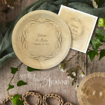 Antique Vintage Calligraphy Scrollwork Wedding Paper Plates by VintageWeddings at Zazzle