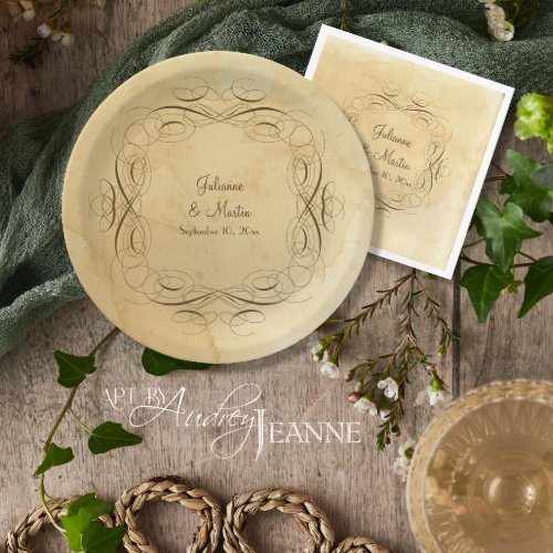 Antique Vintage Calligraphy Scrollwork Wedding Paper Plates