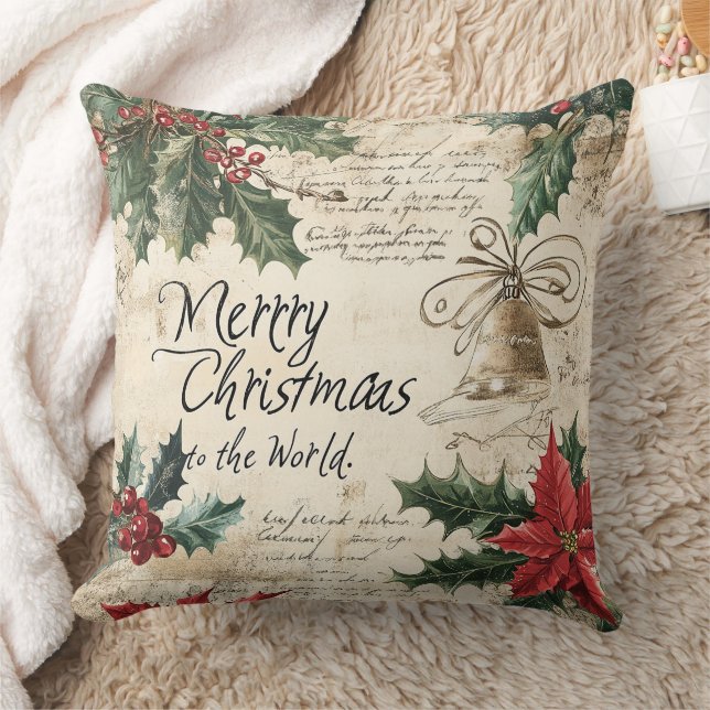 Antique Vintage Christmas Holly Pattern Throw Pillow (Blanket)