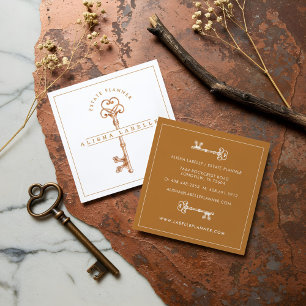 Antique Vintage Copper Skeleton Key Square Business Card