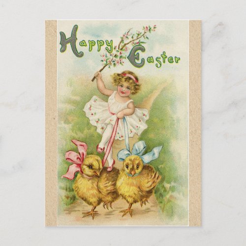 Antique Vintage Easter girl  chicks greetings Holiday Postcard