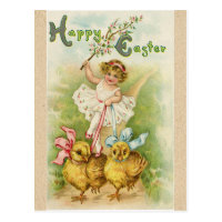 Antique Vintage Easter girl & chicks greetings Postcard