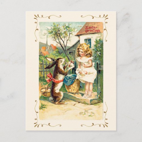 Antique Vintage Easter Greetings Bunny Girl Holiday Postcard