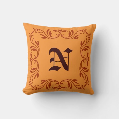 Antique Vintage Floral Monogram on Cadmium orange Throw Pillow