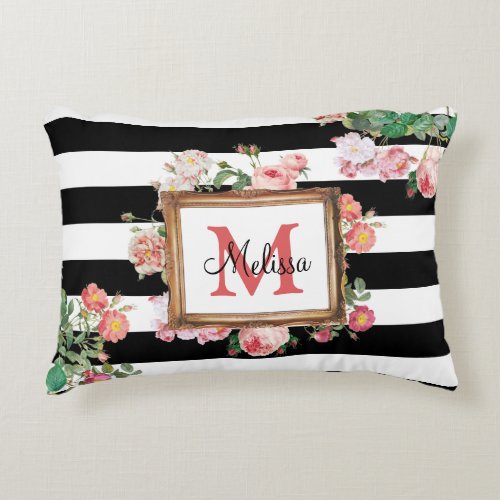 Antique Vintage Floral  Stripes Monogram Accent Pillow