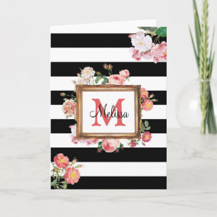 Antique Vintage Floral & Stripes Monogram Card