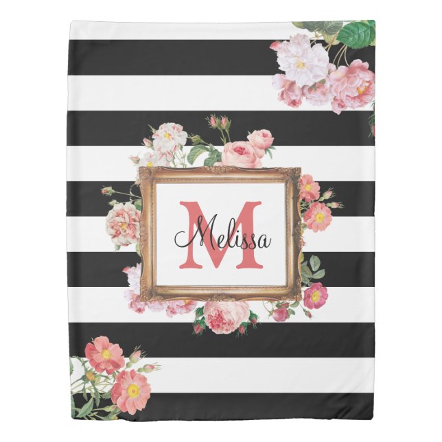 Antique Vintage Floral & Stripes Monogram Duvet Cover (Front)