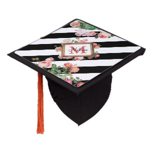 Antique Vintage Floral & Stripes Monogram Graduation Cap Topper