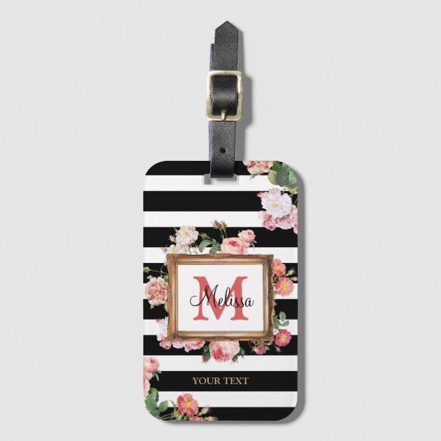 Antique Vintage Floral & Stripes Monogram Luggage Tag (Front Vertical)