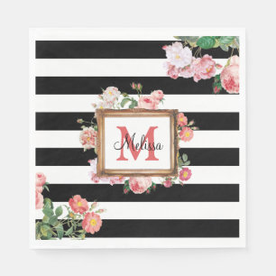 Antique Vintage Floral & Stripes Monogram Napkins