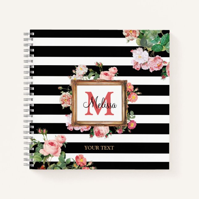 Antique Vintage Floral & Stripes Monogram Notebook (Front)