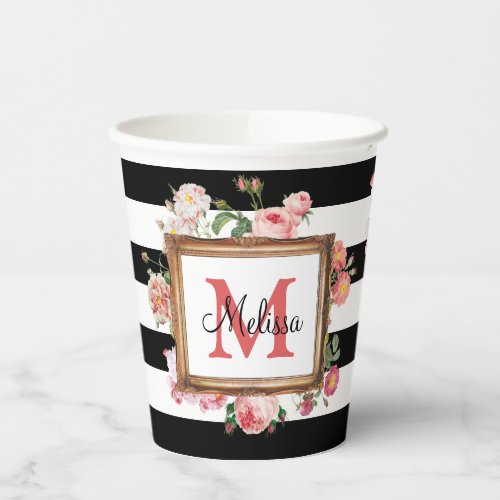 Antique Vintage Floral  Stripes Monogram Paper Cups