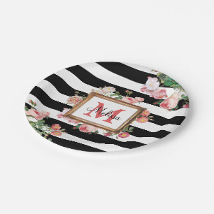 Antique Vintage Floral & Stripes Monogram Paper Plates