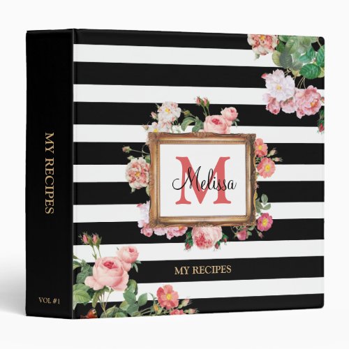 Antique Vintage Floral  Stripes Monogram Recipes  3 Ring Binder