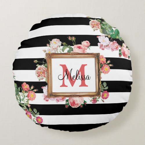 Antique Vintage Floral  Stripes Monogram Round Pillow