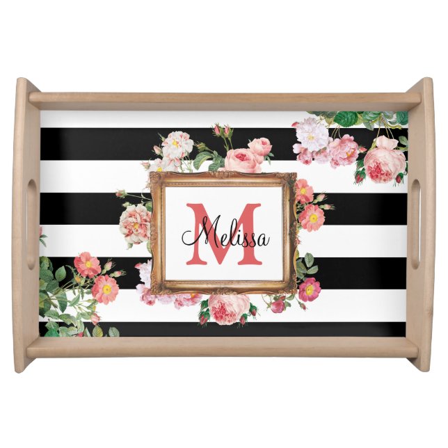 Antique Vintage Floral & Stripes Monogram Serving Tray (Front)