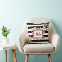 Antique Vintage Floral & Stripes Monogram Throw Pillow