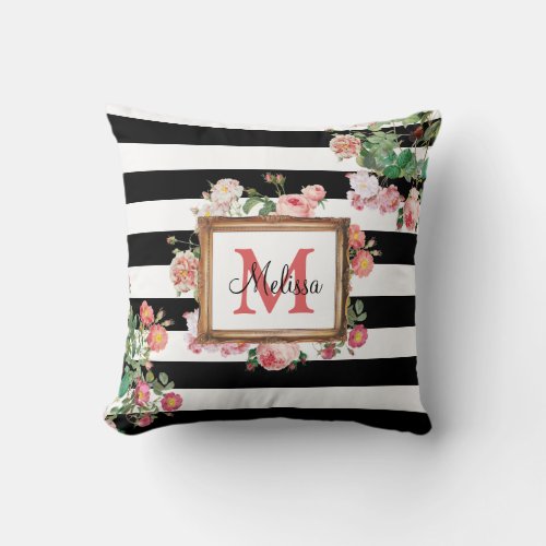 Antique Vintage Floral  Stripes Monogram Throw Pillow