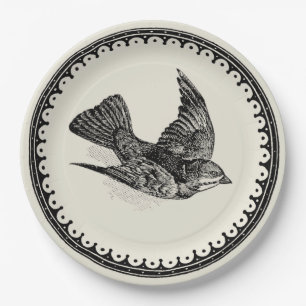 Antique Vintage Flying Bird Image On Beige Paper Plates