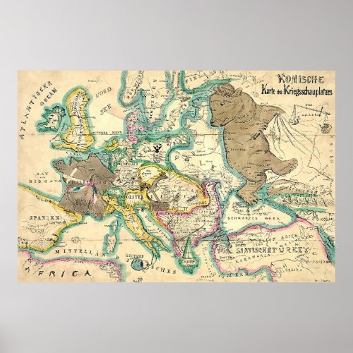 Antique Vintage German Map of Europe Poster