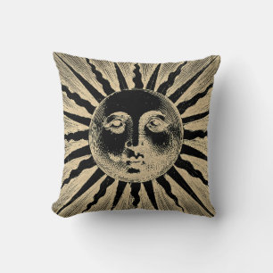 Antique Vintage Gold Black Sun Face Throw Pillow