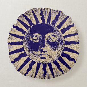 Antique Vintage Gold Blue Sun Face Round Pillow